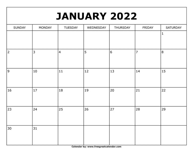 Free Printable January 2022 Calendar