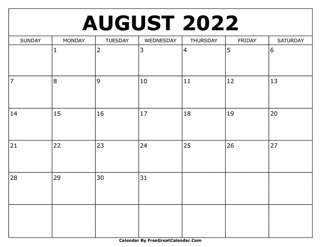 Free Printable August 2022 Calendar