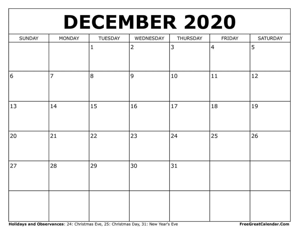 Free Printable December 2021 Calendar