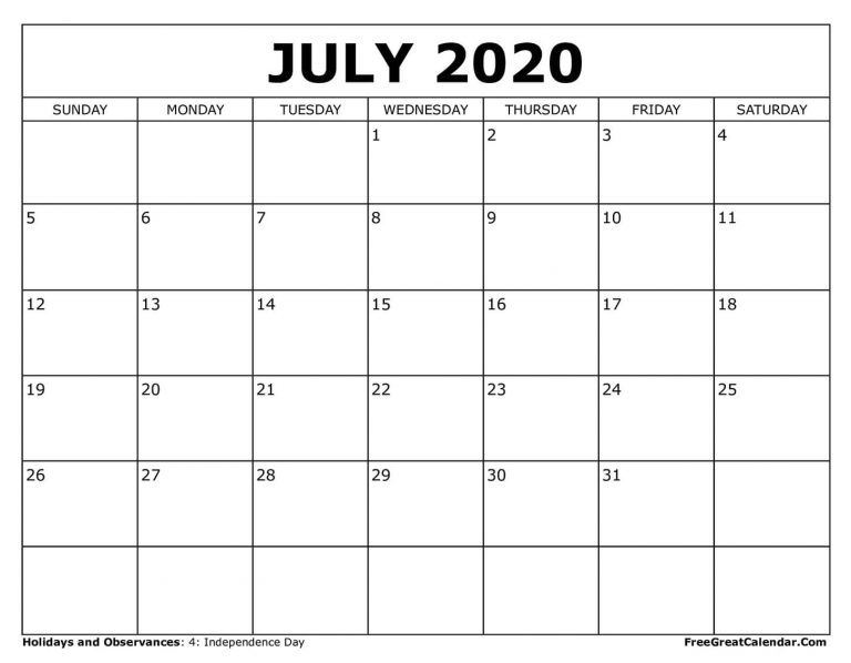 Free Printable July 2022 Calendar