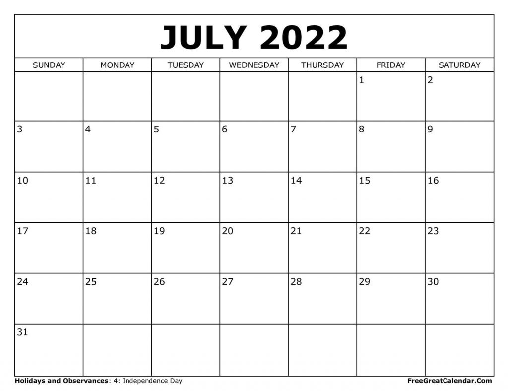 Free Printable July 2022 Calendar