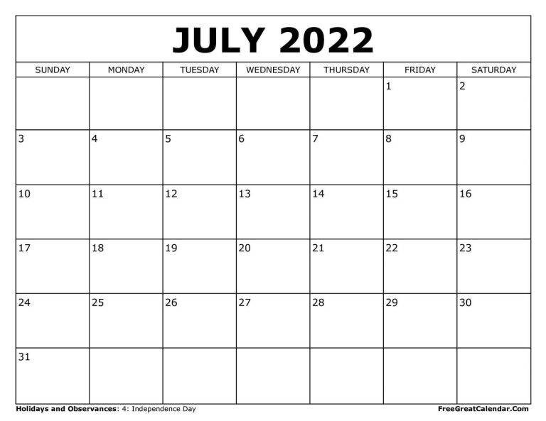 Free Printable July 2022 Calendar